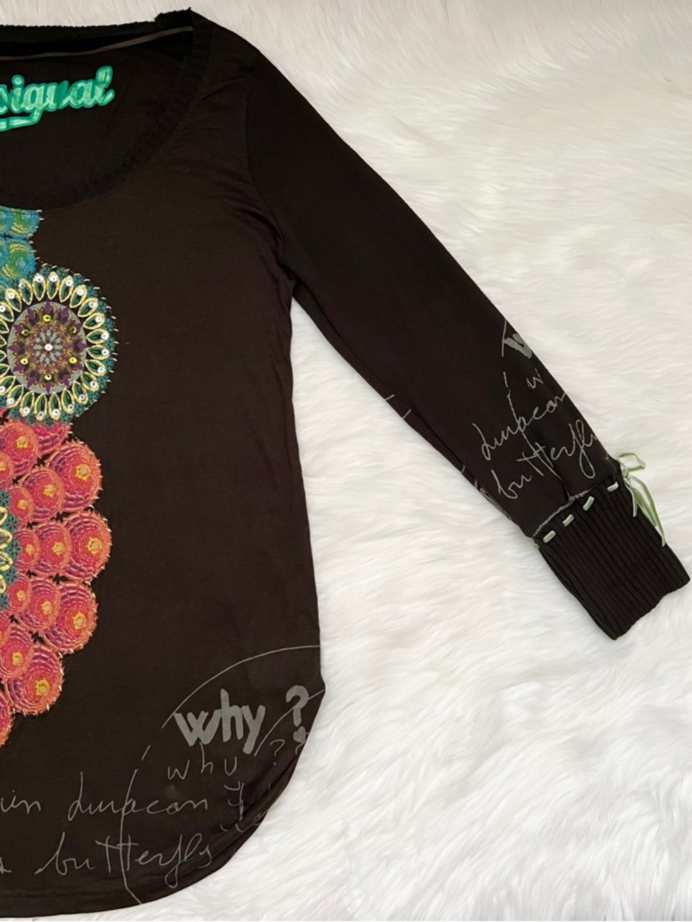 Desigual Brown Long Sleeve Tunic Top With Sequin Details & Sweater Sleeves - Picture 3 of 11